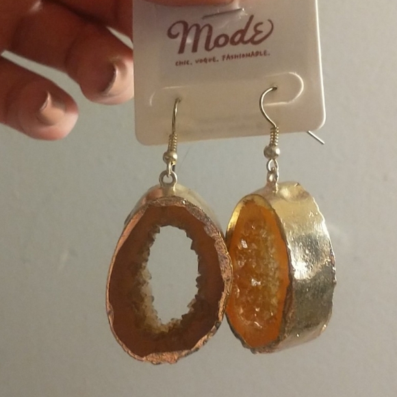 MODE Druzy Geode Sliced +Hallowed Citrine Drop Earrings Encased Gold-tone Enamel - Picture 1 of 10